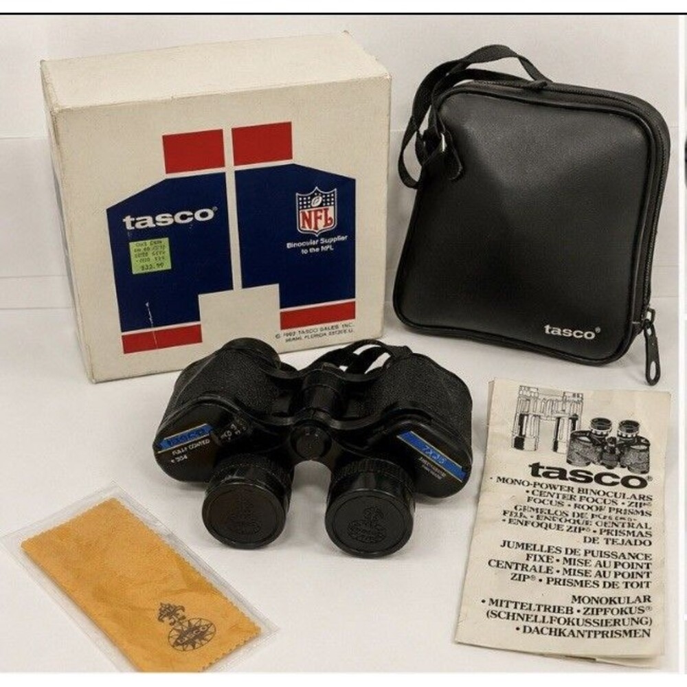 Vintage Tasco 7x35 Binoculars Complete Set Box Case Manual Cloth NFL 1982